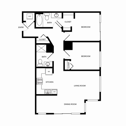 Floor plan for 2 beds, 2 baths, 958 sqft